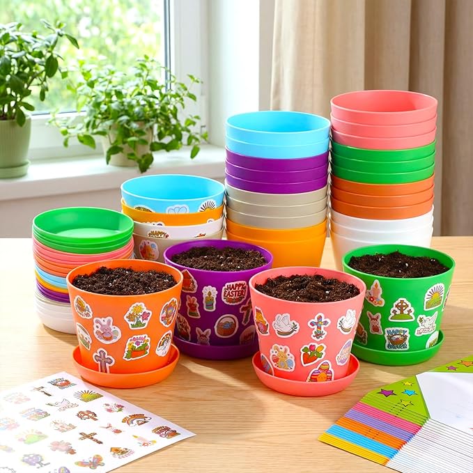 Domensi 30 Pack Garden Pot Craft Kit 4 Inch DIY Religious Crafts for Kids Bulk Small Plastic Spring Flower Plant Pot Plastic Planter with Tray Drainage Holes with Tag, Certificate of Award, Sticker