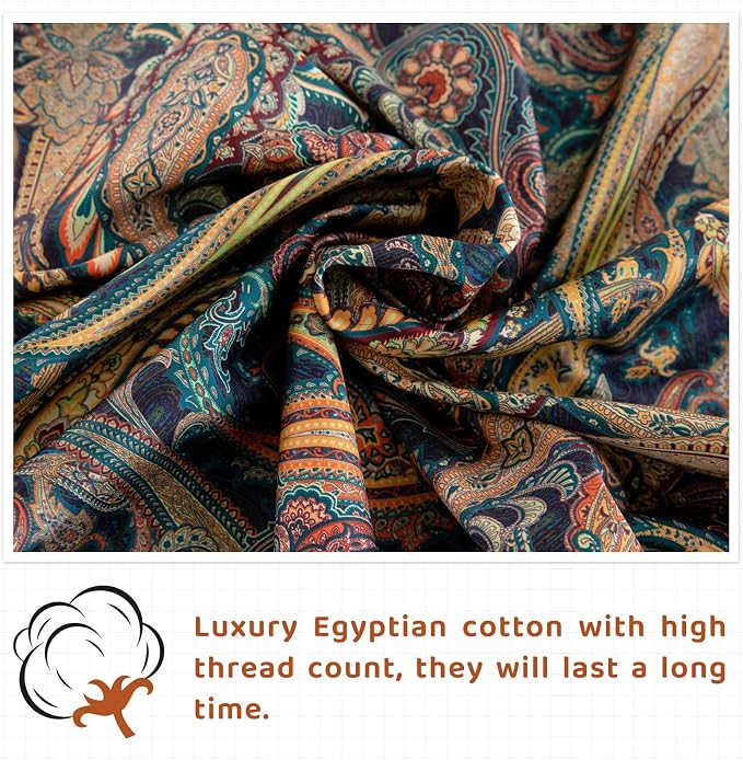 QSH Boho Bed Sheets Queen Size - 100% Egyptian Cotton Sheets Elegant Paisley Flower Pattern Printed Bedding Sheets Queen Size Bohemian Bedding 4pcs Deep Pockets Bed Sheets
