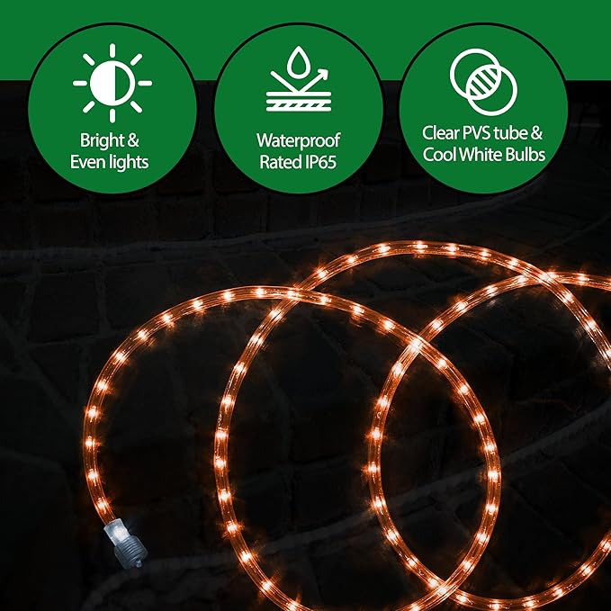 Tupkee LED Rope Light Orange - for Indoor and Outdoor use, 24 Feet (7.3 m) - 10MM Diameter - 144 LED Long Life Bulbs Rope Tube Lights