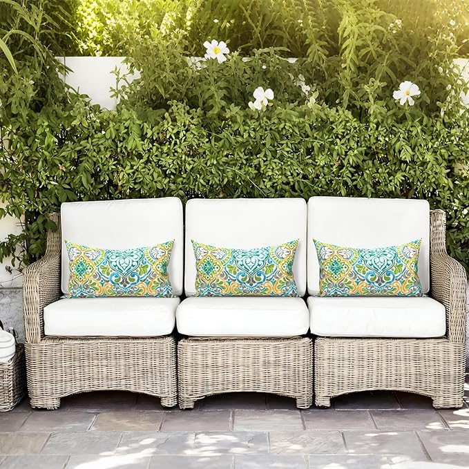 LVTXIII Outdoor/Indoor Lumbar Pillows, Decorative Patio Lumbar Cushions, Fluffy Water Repellent Garden Cushions for Home Patio Coach Sofa Use, 12×20 Inch, Pack of 2, Damask Green