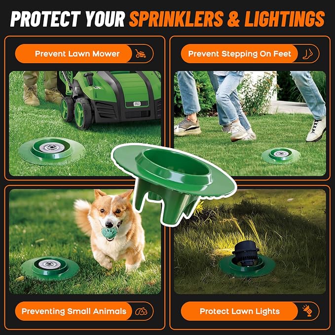 FREEKITยฎ 10Pack Sprinkler Head Protectors-Cuttable, Donut-Style Lawn Sprinkler Guard, ABS Plash Guard, Prevent Damage from Mower&Trimmer. Bottom Groove Pipe&Wires can Pass Through. 4Legs Easy Position