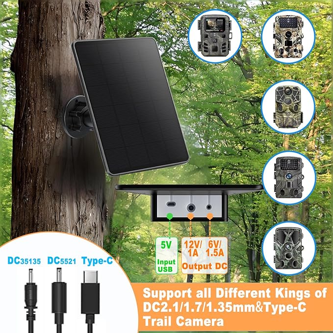 Trail Camera Solar Panel, Mini Solar Battery Charger DC 12V/1A 6V/1.5A & USB-C Build-in 5000mAh Rechargeable Lithium Battery, IP66 Waterproof Hunting Accessory, 10ft Cable, 6.7" Lx4.6 Wx1.25 H