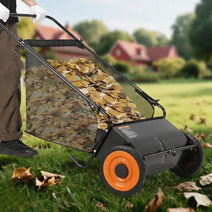26-Inch Push Lawn Sweeper, 7 Cu. Ft. Hopper Leaf & Grass Collector, 4 Spinning Brushes, Adjustable Brush Height, Manual Yard Sweeper for Grass Clippings, Leaves & Light Debris, Black
