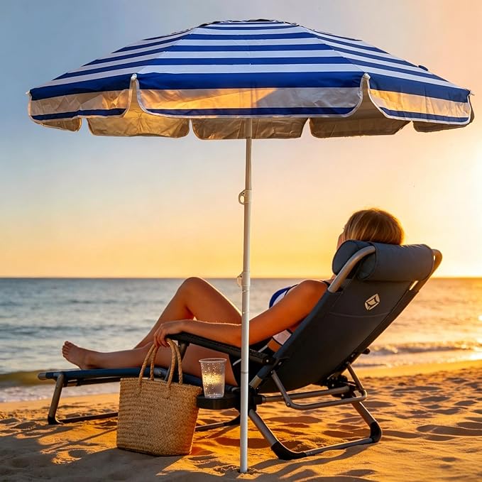 LOTTAFUN 6ft Beach Umbrella - Heavy Duty Wind Resistant UV 50+ Portable Sun Shade with Sand Anchor & Carry Bag, Outdoor Folding Umbrella for Beach, Pool, Patio, Garden (Blue strip)