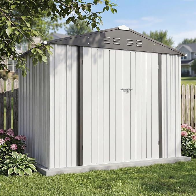 Greesum 8x6FT Outdoor Storage Shed with Base, Utility Tool Shed with Sloping Roof, Metal Storaged Garden Shed with Door & Lock for Patio Storage, White