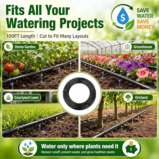 1/4 Drip Irrigation Tubing 100FT, Dripline Tubing with 6 Inch Emitter Spacing, Built-in 0.5 GPH Drippers, 1/4 Irrigation Tubing Drip Line with Fittings and End Plugs for Raised Beds, Garden Rows