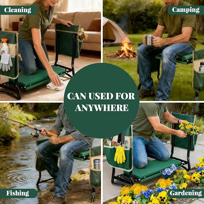 RAIN SPIRIT Garden Kneeler and Seat with Thicken & Widen Soft Kneeling Pad,Heavy Duty Gardening Bench Kneeler and seat Foldable Gardening Stool with 2 Tool Pouches,Gifts for Women, Seniors, Mom & Dad