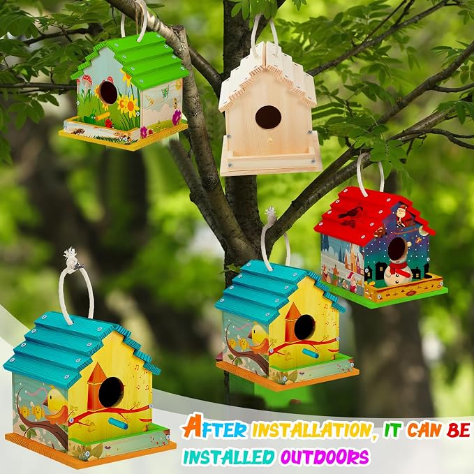 Juexica 4 Pack DIY Birdhouse Kits for Kids Ages 6+ Build and Paint Wooden Bird House Arts and Craft Project with Paint Strips Brushes for Boy Girl Adult Classroom Indoor Outdoor Crafts (Groovy)