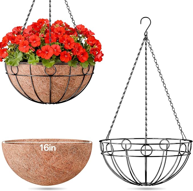ZeeDix Complete Hanging Basket Kit – 2 Pack 16 Inch Wire Baskets with Coco Liners + 4 Pack 24 Inch Heavy Duty Black Chains for Indoor & Outdoor Garden, Patio, Balcony