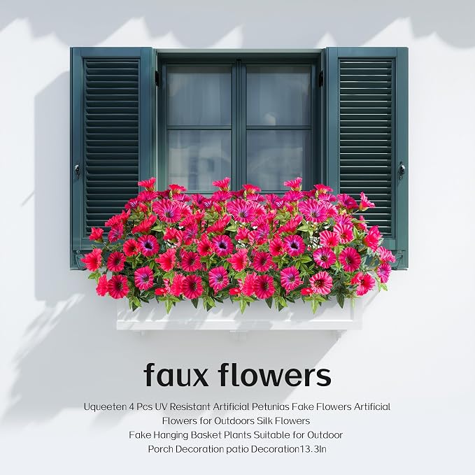 Rose Red Artificial Morning Glory Flowers for Outdoor Planters, Premium UV Resistant Silk Faux Flowers for Porch, Hanging Basket & Window Box, Summer Garden Decor, No Pot, 13.3 Inch, 4 Bundles