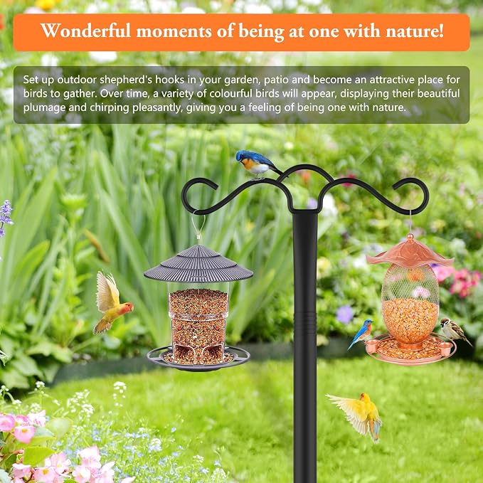 SINLEY Double Shepherds Hook for Outdoor with 5 Prong Base Heavy Duty Two Sided Bird Feeder Pole for Hanging Lantern,Hummingbird Feeder,Lightweight Plant,Shepherds Hook (4 Pack 90 inch)