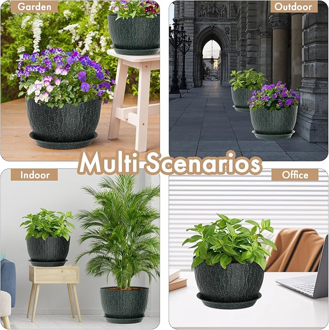 WSMKSZ 12 Inch Wide Water Ripples Flower Pots for Indoor or Outdoor Plants, Large Plant Pots with Drainage Holes & Saucer, Plastic Planters Set for Garden & Home Decor (Black with Green Speckles)