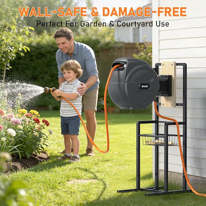 Retractable Hose Reel Stand, Freestanding Garden Hose Holder for Outside with Mounting Brackets, No Wall Installation, Fits Most Garden Hose Reels (Reel Not Included)