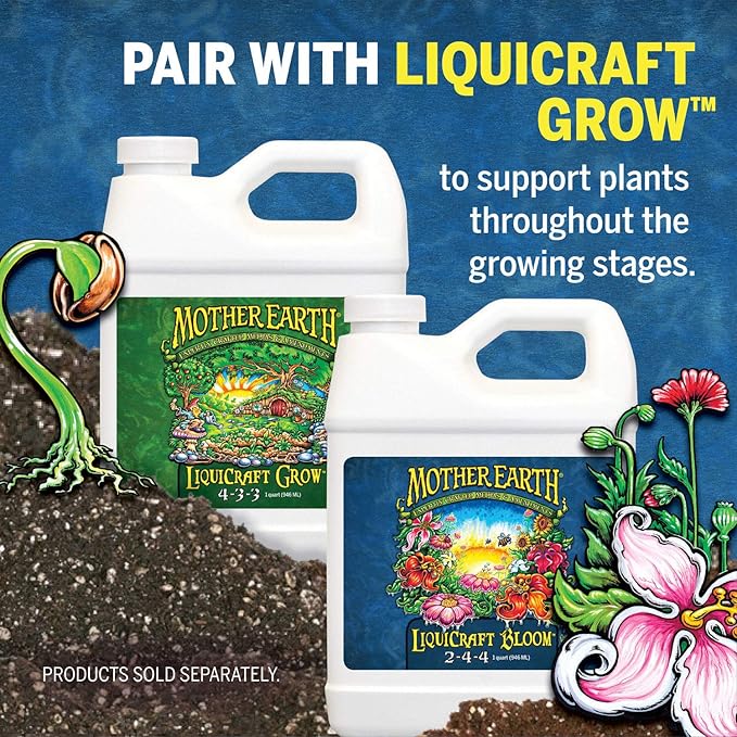 Mother Earth Products LiquiCraft Grow 4-3-3 and Mother Earth LiquiCraft Bloom 2-4-4 Liquid Fertilizer Bundle, 1 Quart Each,White