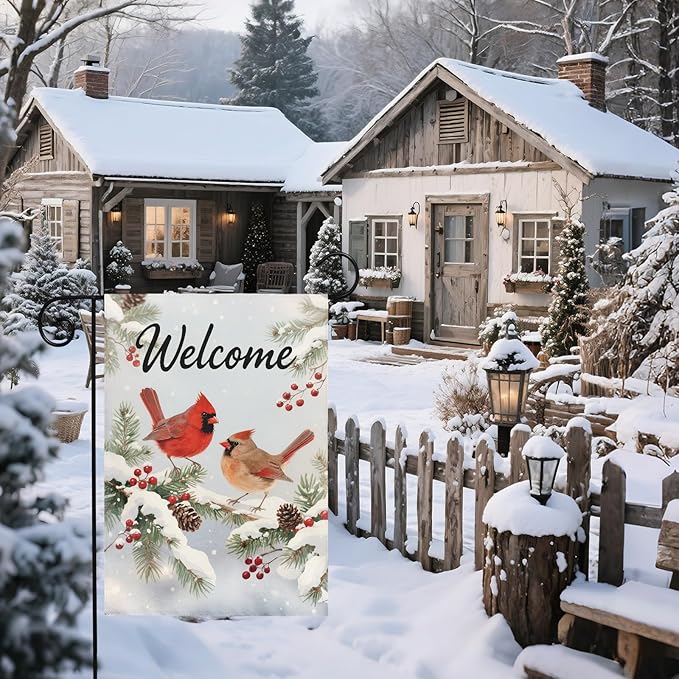 Winter Cardinal Garden Flag 12x18 Inch Snow Scene Bird Welcome Christmas Holiday Seasonal Decorative Yard Flags for Outside Double Sided Outdoor Home Farmhouse Decoration Porch New Year Decor