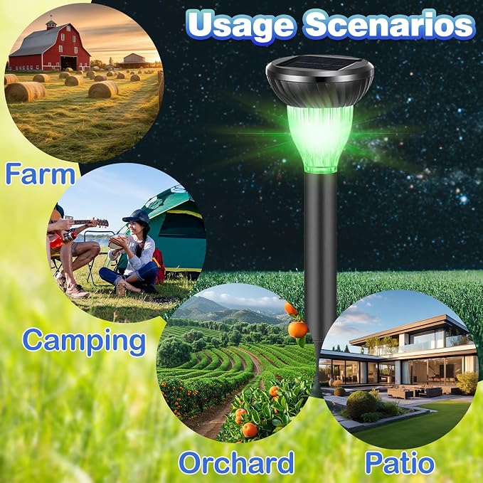 10 Pack Solar Ultrasonic Animal Repellent with RGB Color-Changing Lights, 360° Sonic Pest Deterrent for Outdoor Lawn & Garden, Solar Powered Mole, Gopher & Snake Repellent Stakes