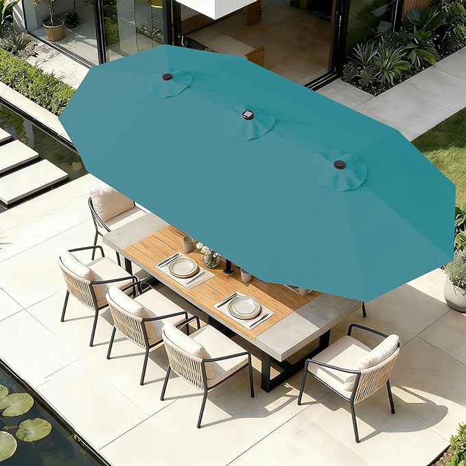 AreShark 13 FT Patio Umbrella with Solar Lights, Double-Sided Outdoor Table Umbrellas with Crank, Large Rectangular Market Umbrella for Porch, Lawn, Pool, Backyard, Lake Blue