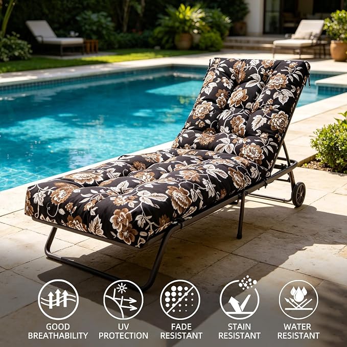 Patio Chaise Lounge Cushions, 68"x21"x4.5" Waterproof Replacement Beach Pool Lawn Outdoor Lounge Chair Cushion with Pocket, Non-Slip Bottom & Secure Ties for Outdoor Furniture, Flower Black