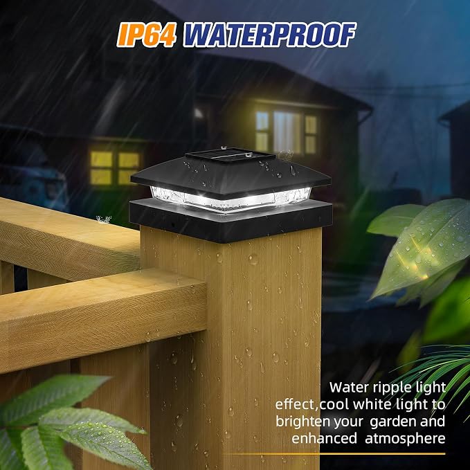 APONUO Solar Post Cap Lights for 4x4 Posts - IP64 Waterproof, 6500K LED, No-Wire Fence Lights & Deck Lights for Patio Garden Yard Patio, Black-Cool White, 6 Pack