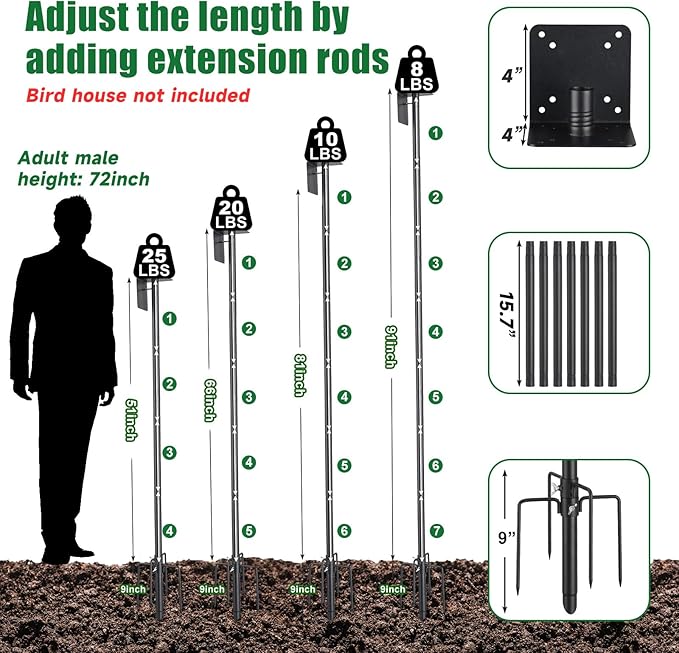 Bird Feeder Pole, 105" Heavy Duty Adjustable Feeder Stand with 5-Pronged Base for Birdhouse Mounting, Weather Station, Outdoor, Yard, Garden