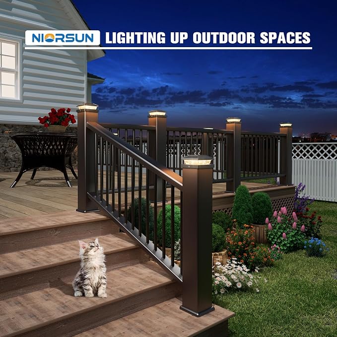 NIORSUN Solar Post Lights Outdoor, Fence Post Solar Lights Warm White, Waterproof, Garden Patio Fence Deck Decor, 4x4 Posts Cap Wood Vinyl, Black 16 Pack