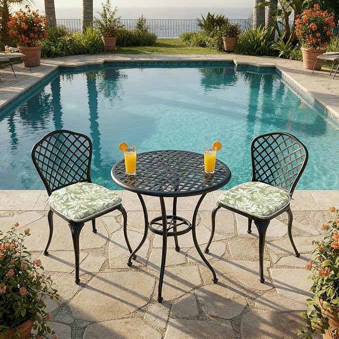 DYTXIII Set of 2 Outdoor Chair Cushions with Ties, Water Repellent Patio Chair Pads 17"x 16" for Outdoor Furniture, Round Corner Seat Cushions for Garden Yard Kitchen Tropical Leaf Green