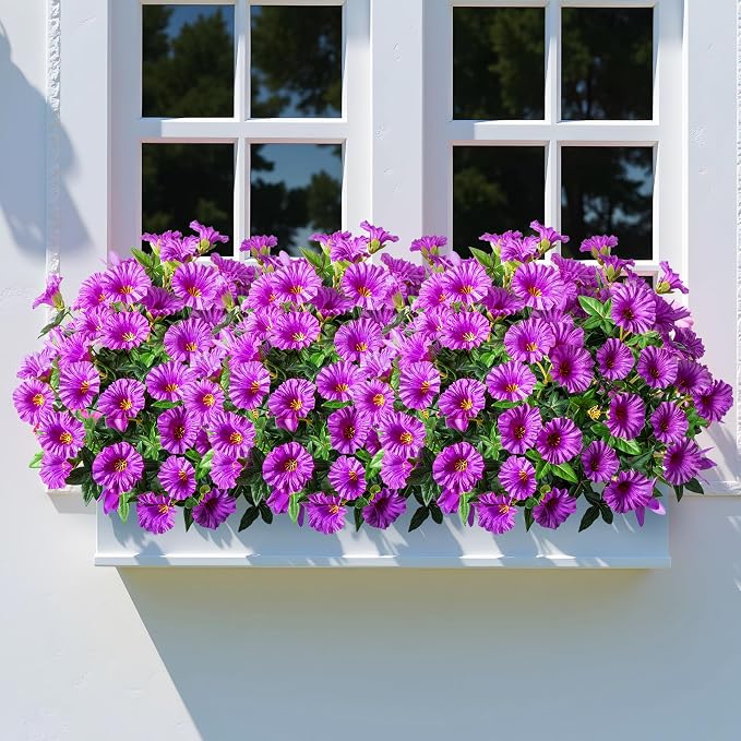 Purple Artificial Morning Glory Flowers for Outdoor Planters, Premium UV Resistant Silk Faux Flowers for Porch, Hanging Basket & Window Box, Cottage Garden Decor, No Pot, 13.3 Inch, 8 Bundles