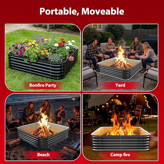 Height 16.5 Inch, Square Galvanized Steel Fire Pit for Outside, Heavy Duty Steel Fire Pit In-Ground for Backyard, Camping, Bonfire, Flower Raised Garden Bed for Garden (4x4x1.5ft)