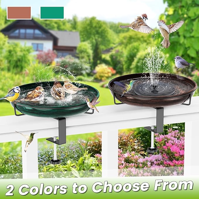 Deck Mounted Metal Bird Bath for Outside, Detachable Birdbath Bowl with Adjustable Steel Clamp, Outdoor Bird Feeder for Railing Balcony Fence Yard Art Garden Decor (Vintage Bronze)