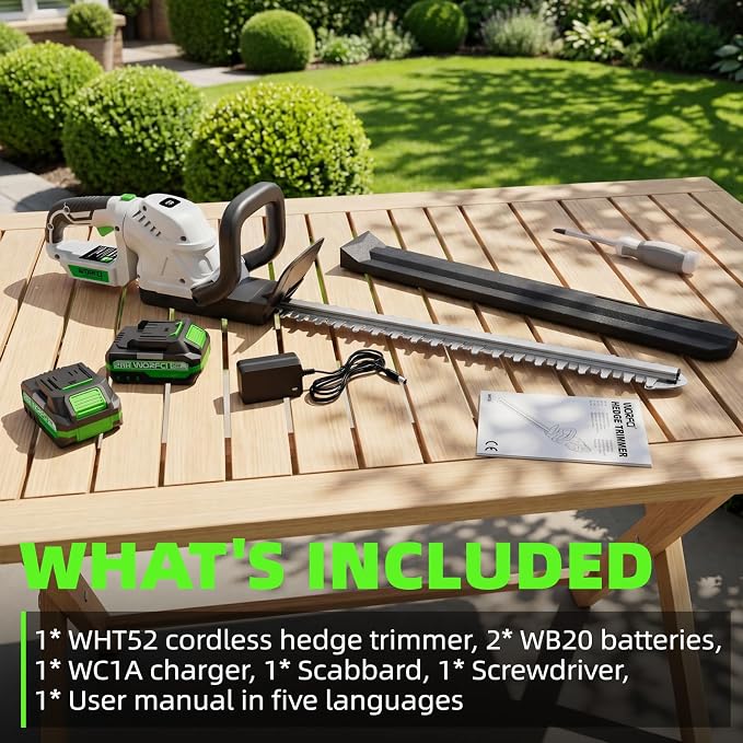20-Inch Cordless Hedge Trimmer (Includes 2 Batteries and Charger), Electric Handheld Bush Trimmer, 180° Rotatable Handle, Grass Shrub Trimmers, Lightweight & Compact White