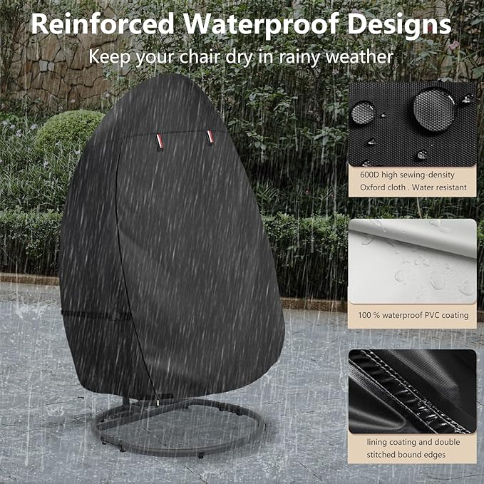 okcool Patio Hanging Egg Chair Cover, Waterproof Heavy Duty Outdoor Single Seat Swing Egg Chair with Stand Cover(Black,45″W x 33″D x 68″H)