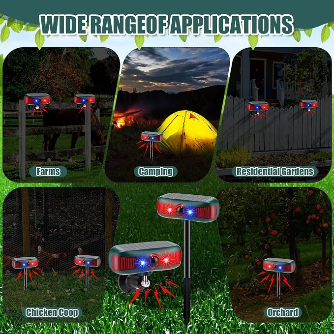Qualirey 2 Pcs Solar Outdoor Alarm Motion Sensor 129dB Security Siren Ultrasonic Detector Strobe Light, 4 Modes Animal Deterrent Waterproof Alarm for Home, Farm (Red)