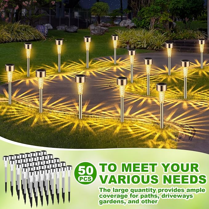 Huquary 50 Pcs Solar Lights Outdoor Waterproof Bulk LED Stainless Steel Solar Outdoor Pathway Garden Landscape Path Lights for Pathway Lawn Porch Garden Walkway Driveway Outside Decor (Warm White)