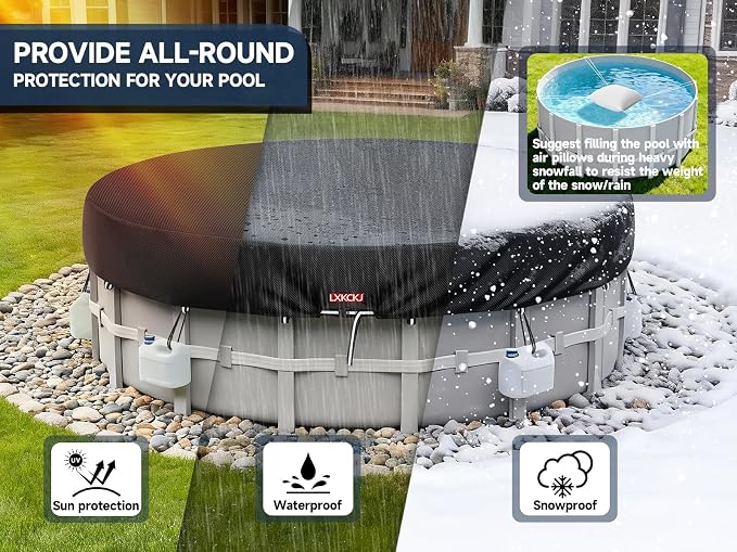 LXKCKJ 12 Ft Pool Cover for Above Ground Pool, Round 420D Solar Oxford Tarp | 100MPH Windproof with 2 Buckles and & Weight Rings, 634N Tear-Resistant, Waterproof 10000PA, UV Protection, Cuts Evaporation