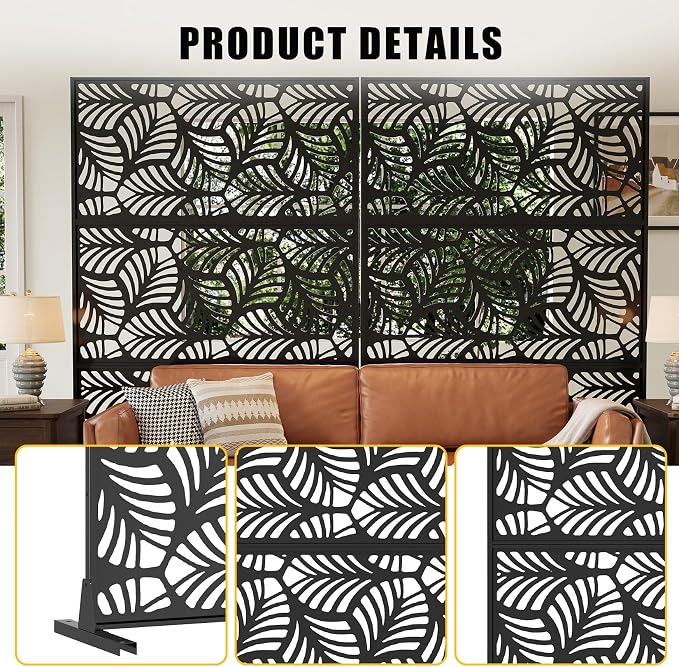 72" h × 47" w Outdoor Privacy Screen, Laser Cut Metal Garden Divider Panel with Tropical Leaf Design, Freestanding Weatherproof Privacy Fence for Patio Deck Backyard Balcony