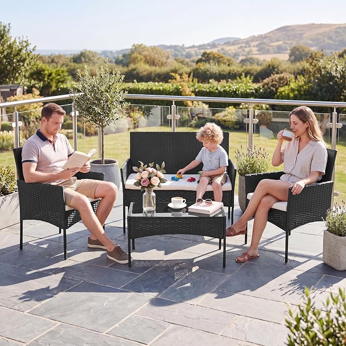 Sweetcrispy 4-Piece Patio Furniture Set, Weather-Resistant PE Rattan Wicker Outdoor Conversation Set with Tempered Glass Tabletop, Durable Outdoor Seating for Garden, Backyard, Porch, Deck, Black