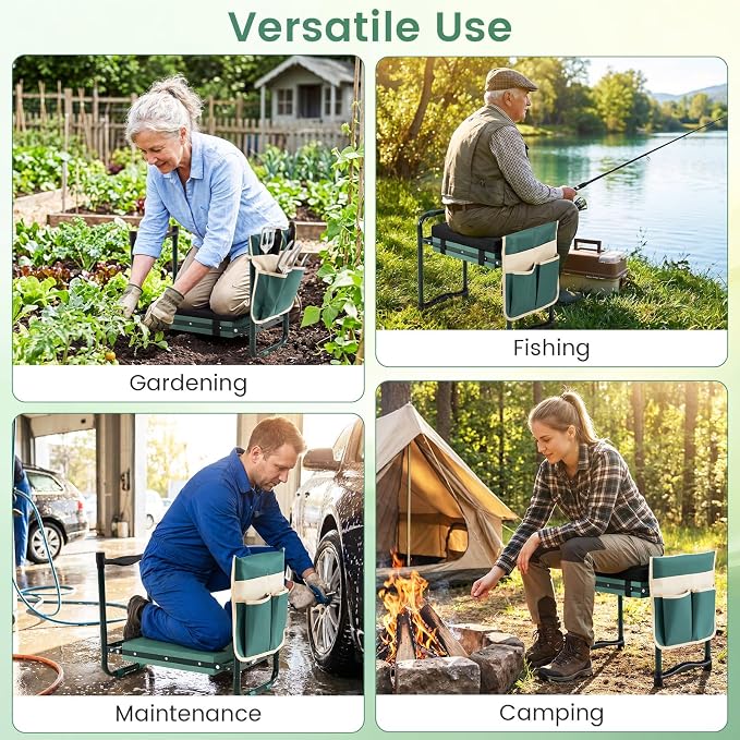 2-in-1 Garden Kneeler and Seat, Folding Garden Seat w/EVA Foam Kneeling Pad & Removable Tools Pouch, Sturdy Steel Frame, No Assembly, Portable Heavy Duty Garden Stool w/Detachable Armrests