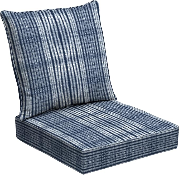 Arden Outdoor Foam Deep Seat Cushion Set, 24x24, Premium High-Density Foam, Never Flattens, Weather-Proof for Patio Chair Sofa Couch, Blue Shibori Stripe