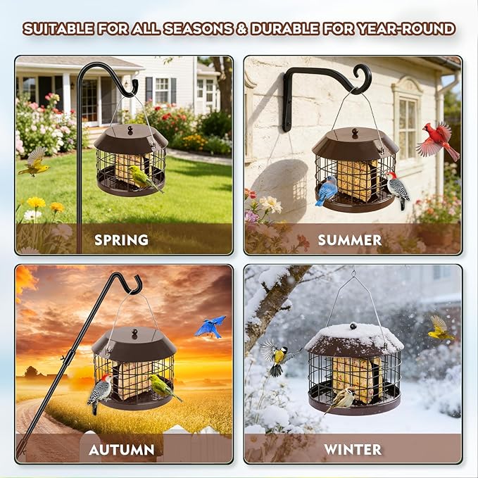 Gbekery Caged Suet Bird Feeder for Outdoors Hanging, Squirrel Proof Double Suet Feeder for Small Birds, Metal Cage with Detachable Hook, Large Space, Outdoors Weatherproof, Brown