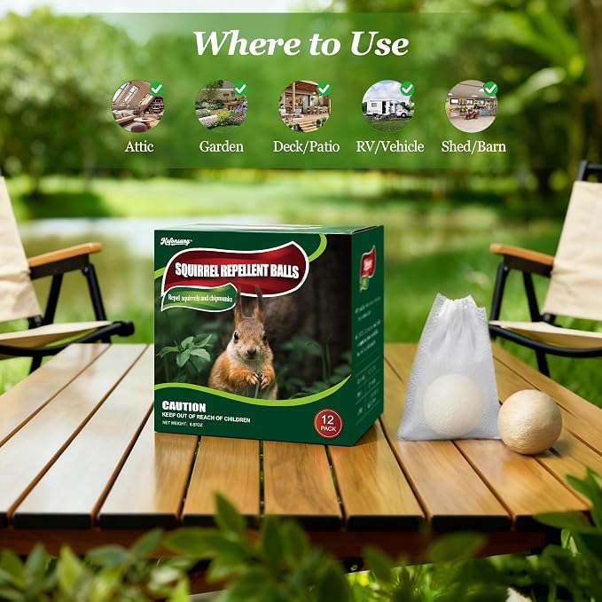 12 Pack Squirrel Repellent Balls- Chipmunks & Rodents Repellent for Outdoor & Indoor Use,Cars,Gardens, Bird Feeders & Attics-Safe for People,Plant-Based