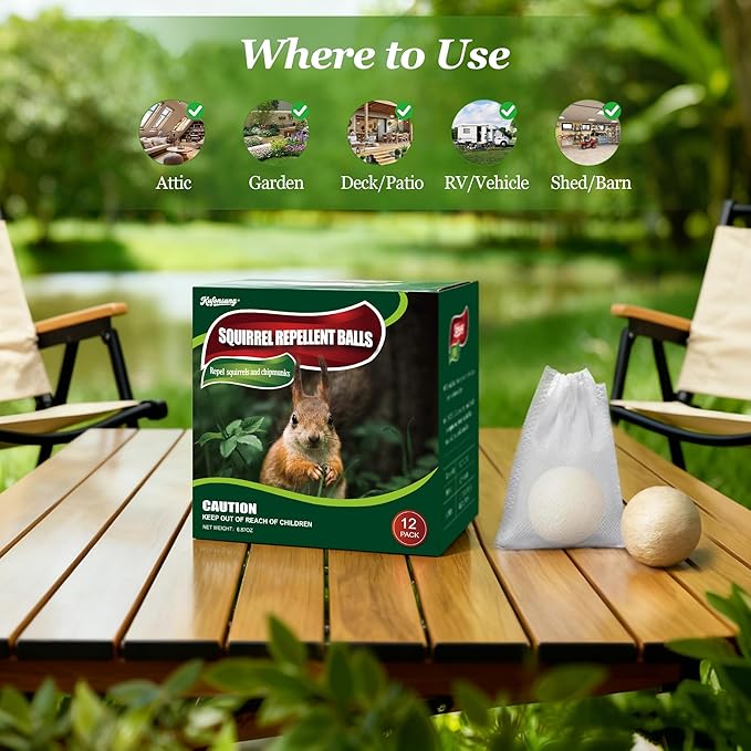 12 Pack Squirrel Repellent Balls- Chipmunks & Rodents Repellent for Outdoor & Indoor Use,Cars,Gardens, Bird Feeders & Attics-Safe for People,Plant-Based