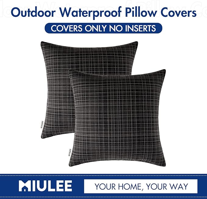 MIULEE Outdoor Waterproof Throw Pillow Covers Decorative Farmhouse Water Resistant Cushion Covers for Tent Patio Garden Couch Sofa Pack of 2, 16x16 Inch Black