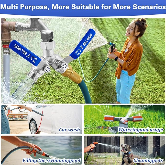 Garden Hose Splitter, 304 Stainless Steel 2 Way Heavy Duty Water Hose Splitter with Long Handle, Water Hose Y Spigot Splitter with Shutoff Valves, 3/4" GHT Thread Outdoor Faucet Splitter