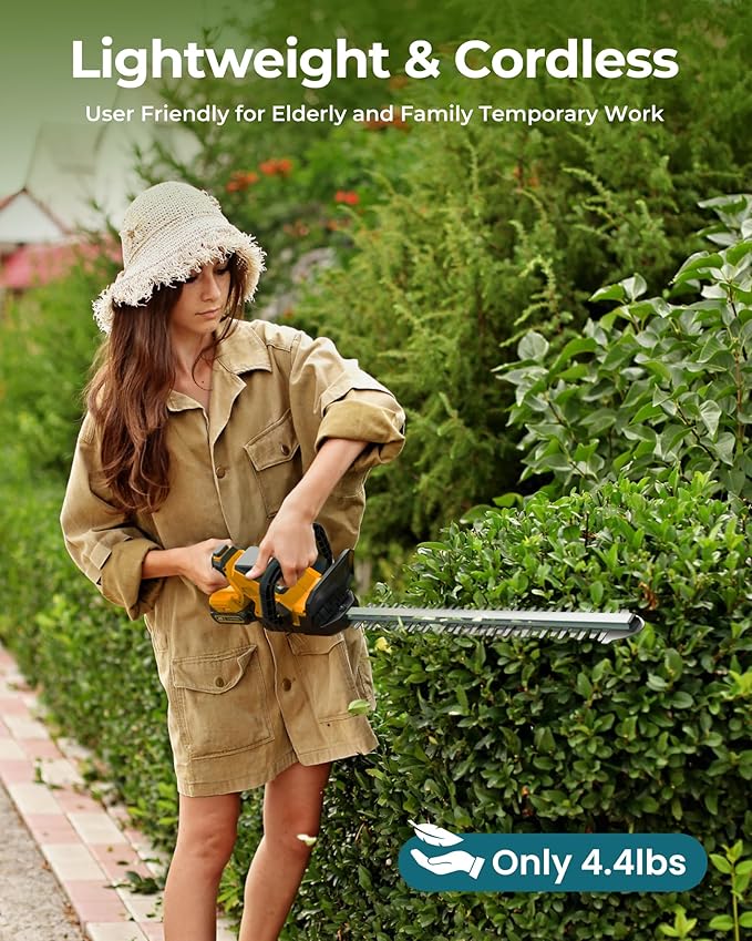 20'' Hedge Trimmer Cordless with Battery, 3000RPM Electric Handheld Bush Clipper with 2pcs 2000mAh Rechargeable Batteries, 180° Rotatable Head, 2/3'' Blade Gap Yellow,Gifts for Mother’s Day