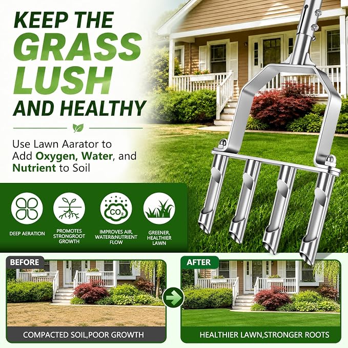 Bigwish Stainless Steel Aerator Lawn Tool with 4 Heavy-Duty Hollow Tines,Anti-Clogging Core Aerator,Ergonomic Design Lawn Aerator,Semi-Assembled Lawn Aerator Tool for Lawn Garden Yard Patio