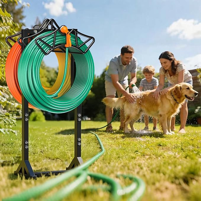 Garden Hose Holder Holds 2 * 160Ft Hoses, Heavy-Duty Freestanding Hose Holder with 4 Spikes, Rustproof Freestanding Hose Stand Water Hose Hanger Storage Hose Rack for Outside, Yard, Lawn, Farm