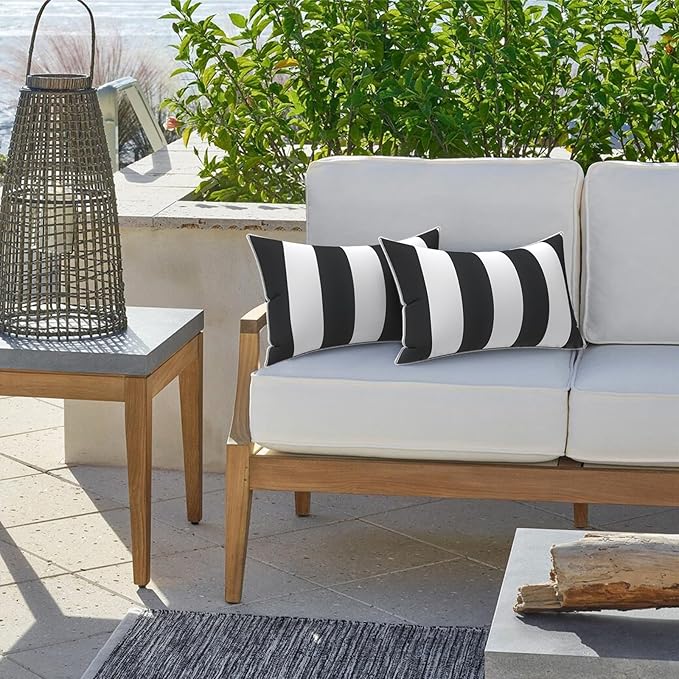 LVTXIII 2 Pack Outdoor Lumbar Pillow Covers 12x20 Inch with Piping, Water-Repellent Back Cushion Covers ONLY for Patio Furniture, Sofa, Garden Bench, Cabana Black
