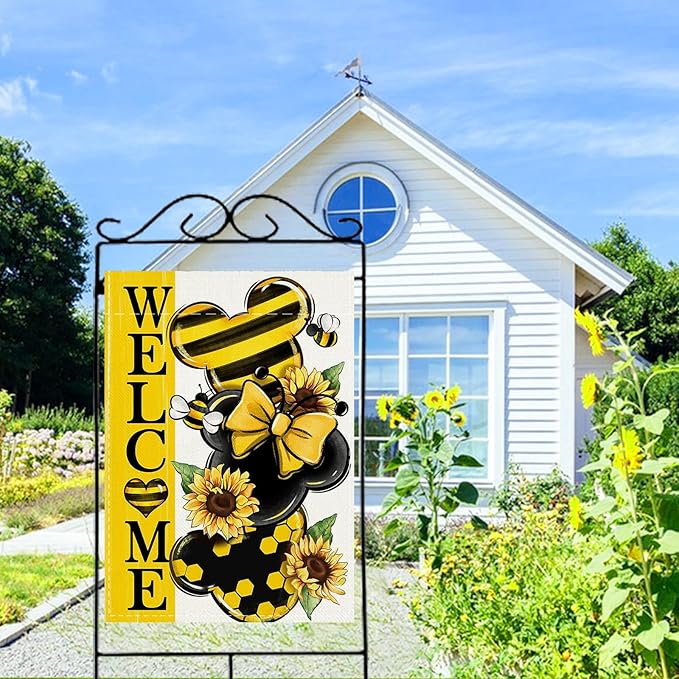 Welcome Spring Decorative House Flag, Yellow Sunflower Honey Bumble Bee Garden Yard Outside Decorations, Seasonal Burlap Outdoor Large Home Decor Double Sided 28 x 40