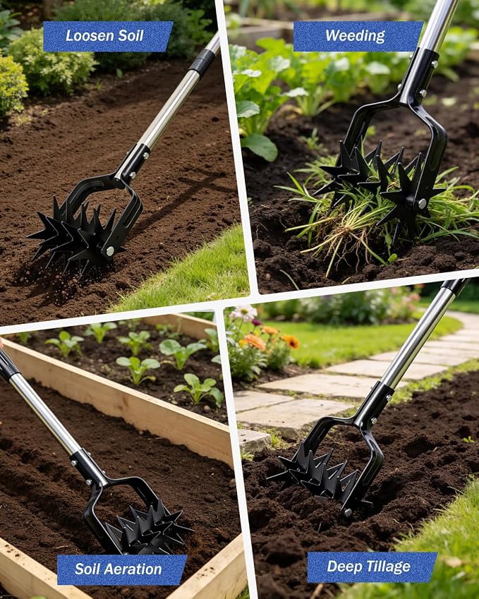 Joyhalo Rotary Cultivator Garden Tool, Manual Hand Tiller with 57in Adjustable Stainless Steel Pole and Parallel-Blades Tines for Reseeding Grass, Soil Aeration, and Small Garden Beds