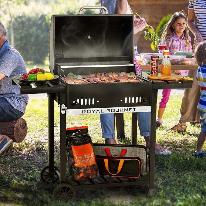 Royal Gourmet CD1824ET Movable Charcoal BBQ Grill with Foldable Side Tables, Outdoor Barbecue Grill with 470 Sq. In. Cooking Area for Outdoor Picnic and Camping Grilling, Black
